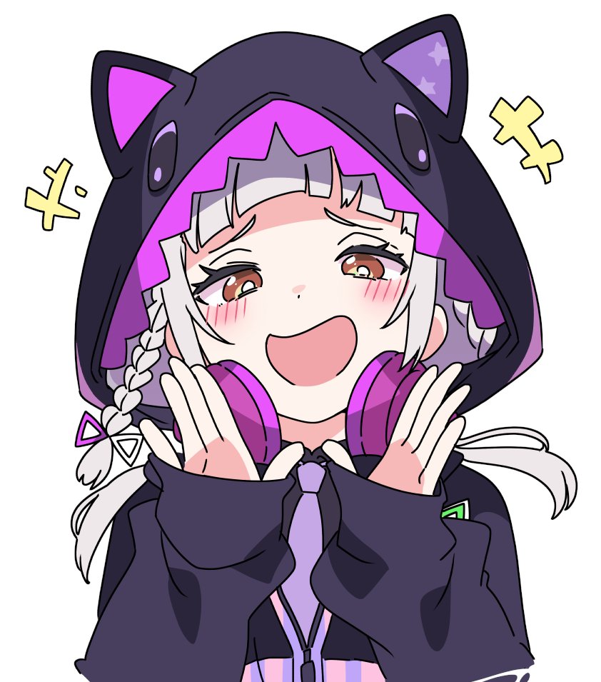 1girl, animal_hood, blush, braid, bright_pupils, commentary, headphones, headphones_around_neck