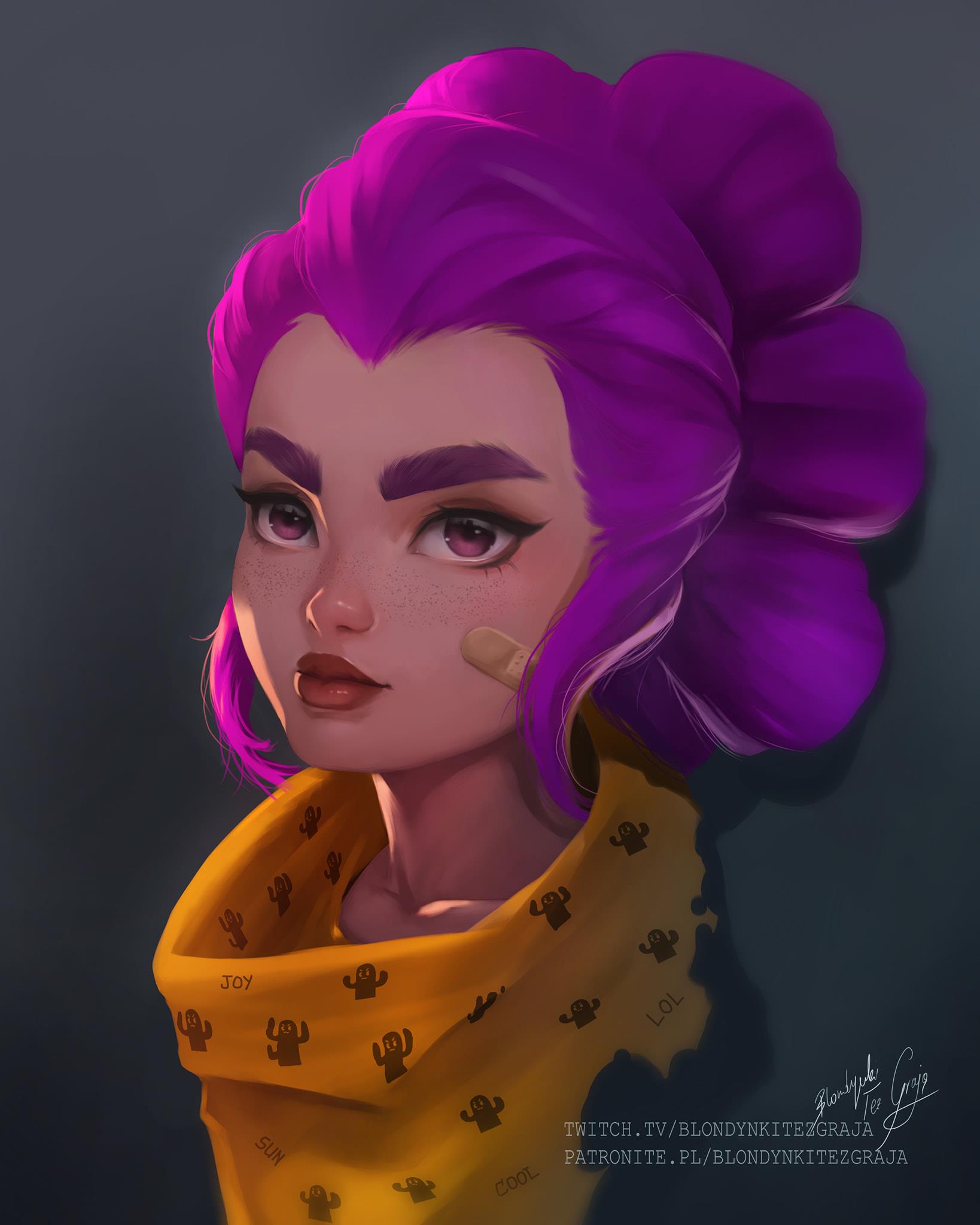 1girl, bandaid, bandaid_on_face, blondynkitezgraja, brawl_stars, cactus_print, closed_mouth, collarbone, english_commentary, eyelashes, freckles, grey_background, highres, shelly_(brawl_stars), short_hair, simple_background, solo, twitch_username, upper_body, violet_eyes, web_address