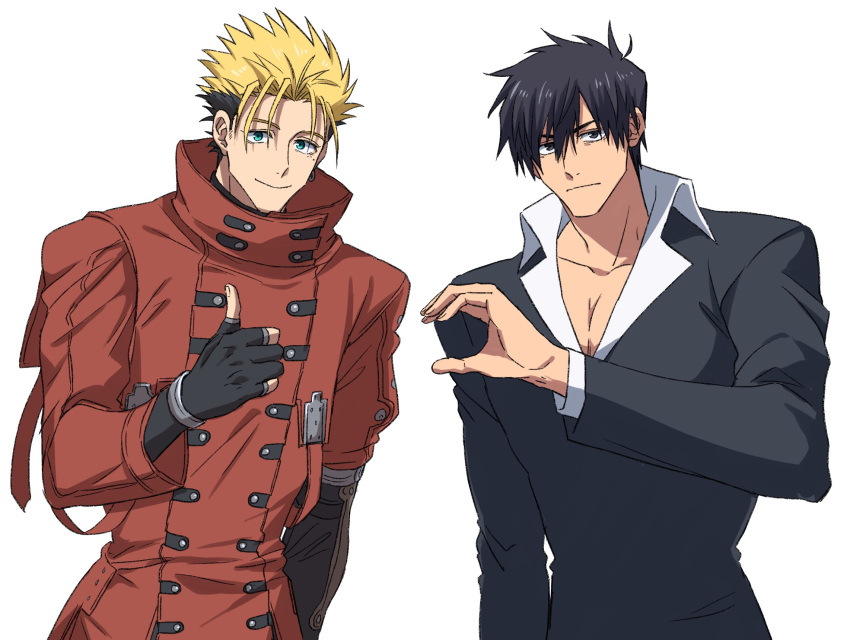 2boys, akisyake23, black_eyes, black_hair, black_jacket, blonde_hair, blue_eyes, closed_mouth, coat, collarbone, collared_shirt, cowboy_shot, earrings, hand_up, heart_hands_failure, highres, jacket, jewelry, long_sleeves, male_focus, mole, mole_under_eye, multicolored_hair, multiple_boys, nicholas_d._wolfwood, pectoral_cleavage, pectorals, red_coat, shirt, short_hair, simple_background, single_earring, smile, standing, thumbs_up, trigun, two-tone_hair, vash_the_stampede, white_background, white_shirt
