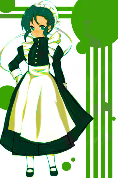 1girl, apron, black_lagoon, blush, bun_cover, fabiola_iglesias, green_eyes, green_hair, hand_on_hip, maid, mary_janes, nakayama_naka, shoes, short_twintails, socks, solo, twintails