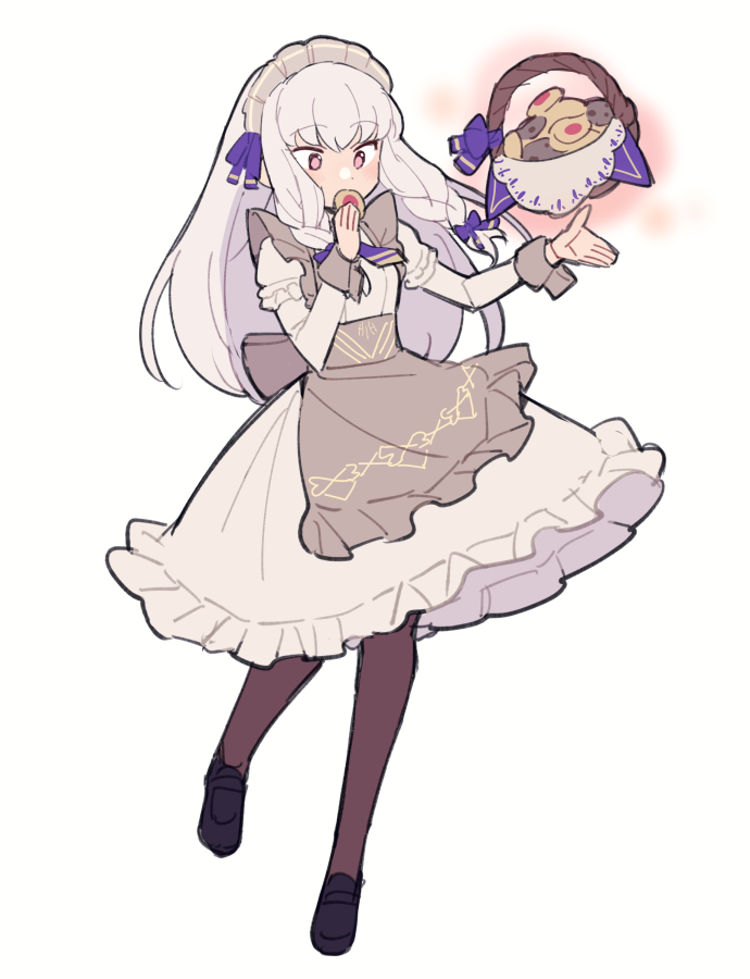 1girl, apron, basket, black_footwear, braided_sidelock, cookie, do_m_kaeru, dress, eating, fire_emblem, fire_emblem:_three_houses, fire_emblem_heroes, food, frilled_apron, frilled_dress, frills, hair_ribbon, long_hair, lysithea_von_ordelia, lysithea_von_ordelia_(tea_party), maid, maid_apron, maid_headdress, official_alternate_costume, official_alternate_hairstyle, pantyhose, ribbon, solo, violet_eyes, white_background, white_dress, white_hair, wrist_cuffs