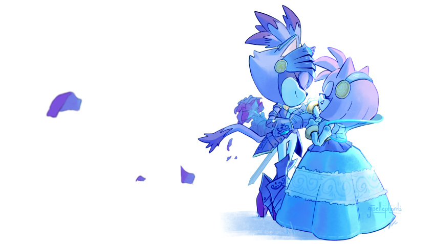 2girls, absurdres, amy_rose, armor, blaze_the_cat, blue_dress, cat_girl, closed_eyes