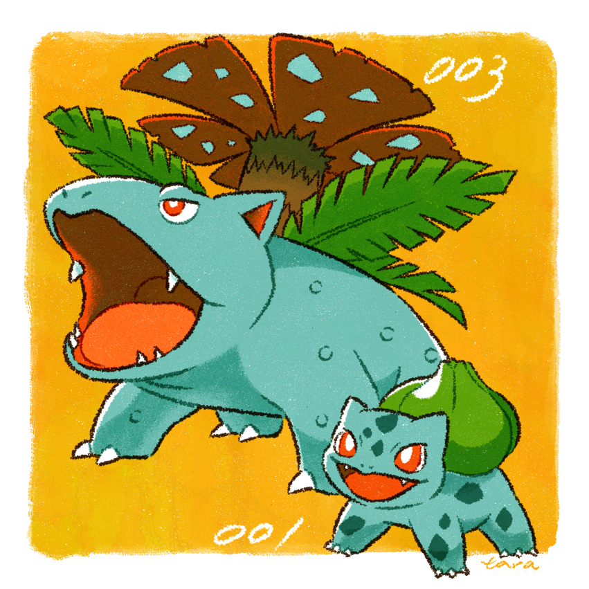animal_focus, border, bright_pupils, bulbasaur, claws, evolutionary_line, fangs, no_humans