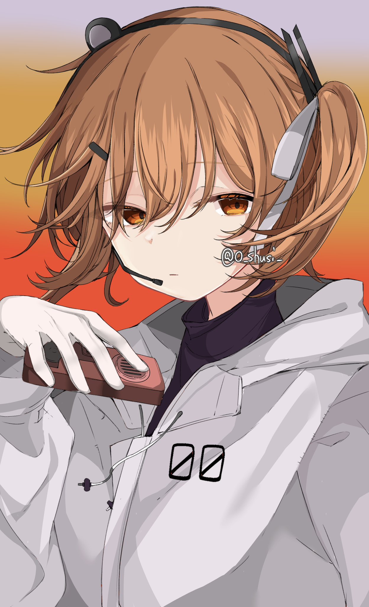 1girl, :|, a.i._voice, adachi_rei, black_hairband, brown_hair, cassette_player, closed_mouth