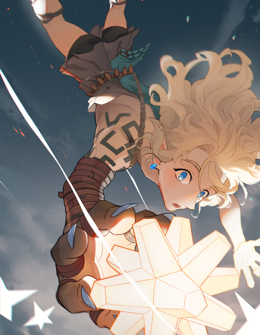 1boy, 937021564, black_pantyhose, blonde_hair, blue_eyes, commentary_request, earrings, falling, feet_out_of_frame, highres, jewelry, link, long_hair, looking_at_object, male_focus, open_mouth, pantyhose, pointy_ears, shoulder_tattoo, sky, solo, star_(sky), starry_sky, tattoo, the_legend_of_zelda, the_legend_of_zelda:_tears_of_the_kingdom, wavy_hair