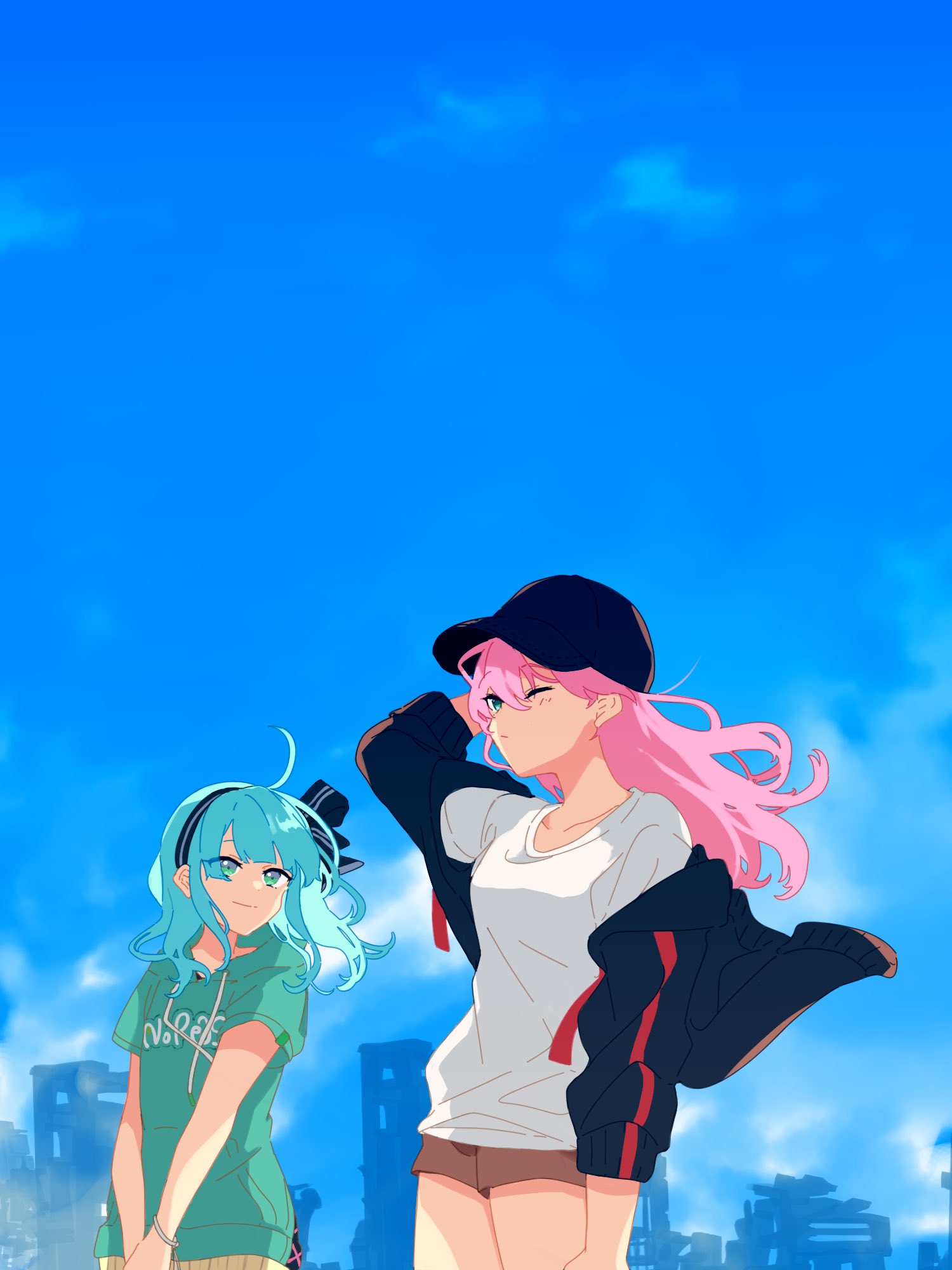 2girls, aikawa_megumi, arm_at_side, baseball_cap, black_bow, black_hairband, black_headwear, black_jacket, blue_hair, blue_sky, bow, bracelet, breasts, brown_shorts, clear_sky, clouds, collarbone, cowboy_shot, day, drawstring, floating_hair, green_eyes, green_hoodie, hair_between_eyes, hair_bow, hairband, hand_in_own_hair, hat, heaven_burns_red, highres, hood, hood_down, hoodie, jacket, jewelry, legs_together, long_bangs, long_hair, looking_ahead, looking_at_another, medium_breasts, multiple_girls, off_shoulder, one_eye_closed, open_clothes, open_jacket, outdoors, own_hands_together, pink_hair, print_hoodie, rumi_(heaven_burns_red), shirt, short_shorts, shorts, sidelocks, sky, striped, striped_jacket, thighs, watameki_(pixiv_33969409), white_shirt