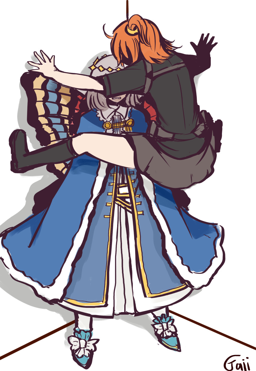 1boy, 1girl, against_wall, butterfly_wings, commentary_request, fate/grand_order, fate_(series), fujimaru_ritsuka_(female), fujimaru_ritsuka_(female)_(polar_chaldea_uniform), gayi_j, grey_hair, highres, medium_hair, no_gloves, oberon_(fate), official_alternate_costume, orange_hair, sketch, skirt, wings