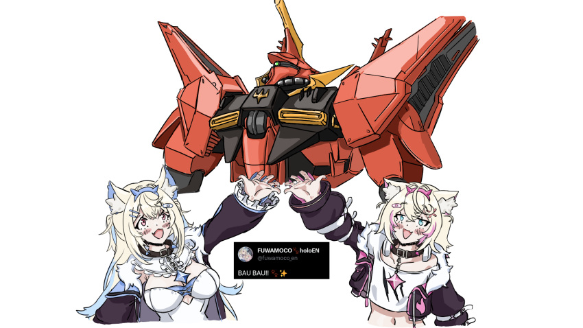 2girls, bawoo, blonde_hair, blush, deadlich, fuwawa_abyssgard, gundam, highres