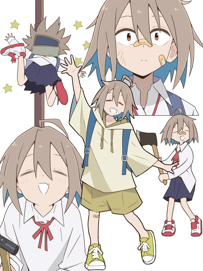 1girl, :d, arm_up, axe, bandaid, bandaid_on_face, bandaid_on_leg, blue_skirt