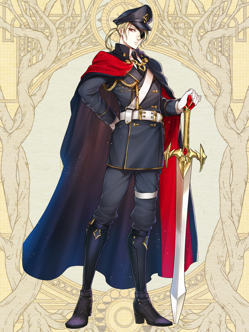 1boy, aiguillette, belt, black_cape, black_footwear, black_headwear, blonde_hair, cape, dairoku_ryouhei, eyepatch, fujimoto_kishino, full_body, gold_trim, highres, looking_at_viewer, male_focus, military_uniform, ponytail, red_eyes, solo, standing, sword, thigh_strap, uniform, weapon, yellow_background