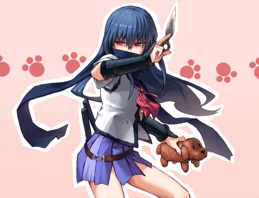 animal, kunai, scarf, school_uniform, shiina_(angel_beats!), shoe-ji, solo, stuffed, stuffed_animal, stuffed_toy, weapon