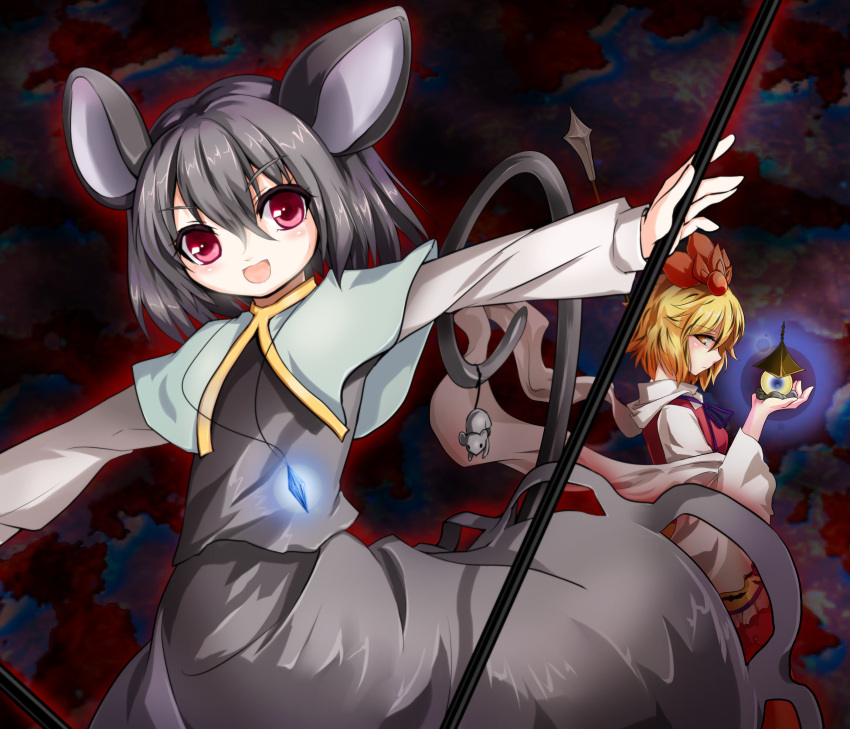 absurdres, animal_ears, blonde_hair, grey_hair, hair_ornament, highres, jeweled_pagoda, jewelry