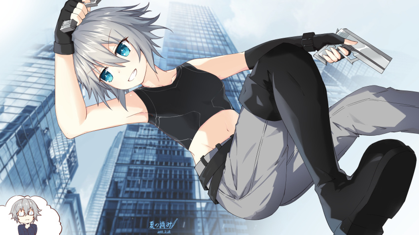 1girl, absurdres, belt, black_gloves, black_tank_top, blue_eyes, boots, breasts