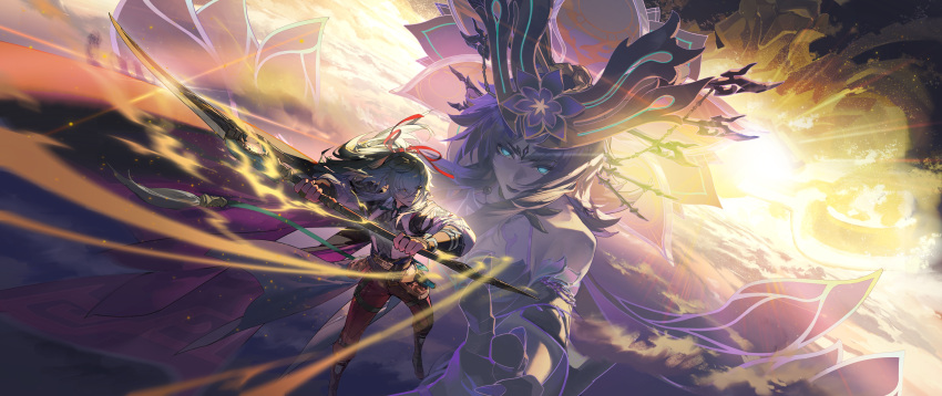 1boy, 1girl, absurdres, armor, backlighting, bare_shoulders, bead_necklace, beads, blue_eyes, blue_hair, blue_lips, chinese_clothes, clouds, crown, detached_sleeves, flower, giant, giantess, gloves, grey_hair, hair_over_one_eye, hair_ribbon, high_ponytail, highres, holding, holding_polearm, holding_weapon, honkai:_star_rail, honkai_(series), jewelry, jing_yuan, long_hair, long_sleeves, necklace, phantylia, polearm, ponytail, rafaelaaa, red_ribbon, ribbon, shirt, weapon, white_hair