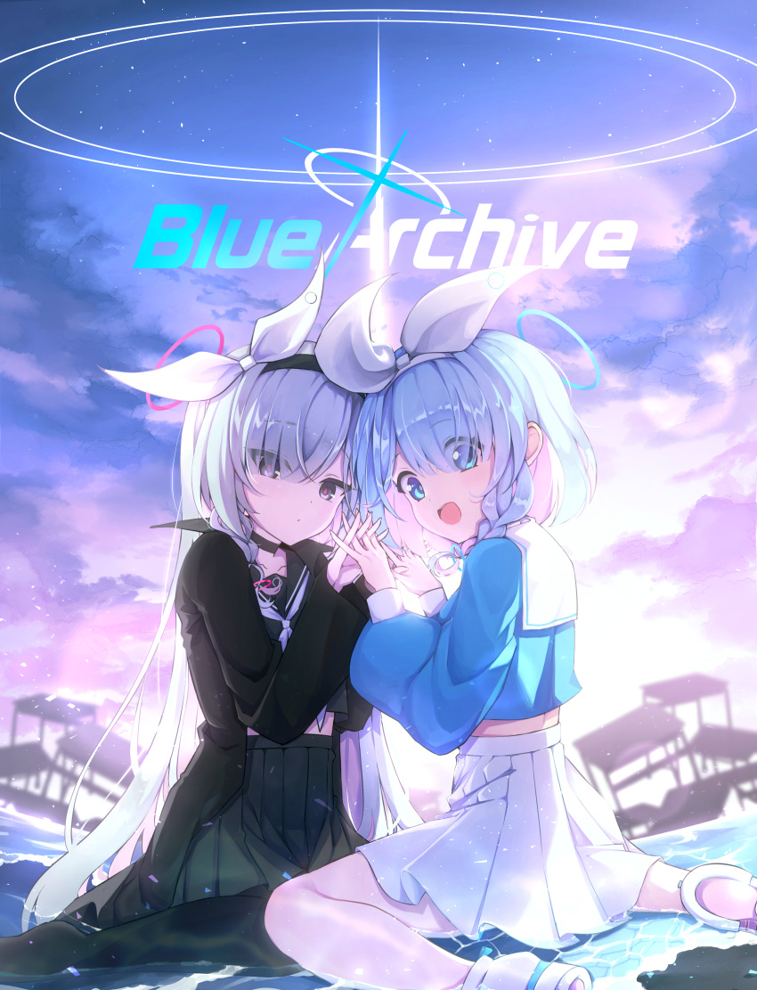 2girls, :d, absurdres, arona_(blue_archive), black_choker, black_coat, black_eyes, black_hairband