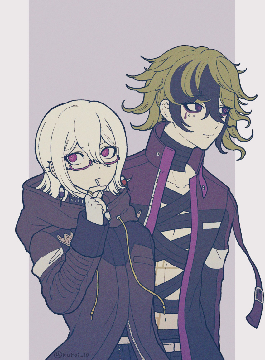 1boy, 1other, bandaged_chest, black_hair, candy, closed_mouth, coat, commentary_request