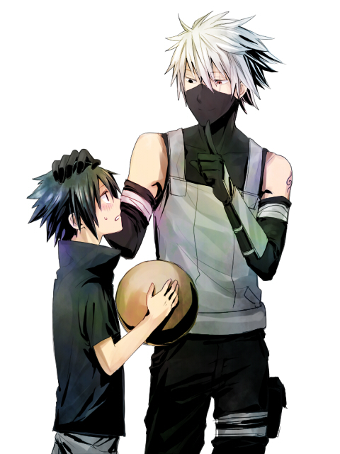 anbu, bishounen, black_eyes, black_hair, blush, child, grey_hair, hatake_kakashi, heterochromia, male, mask, naruto, ninja, pair, red_eyes, scar, short_hair, shota, smile, sweat, tattoo, two_males, uchiha_sasuke, white_hair, young