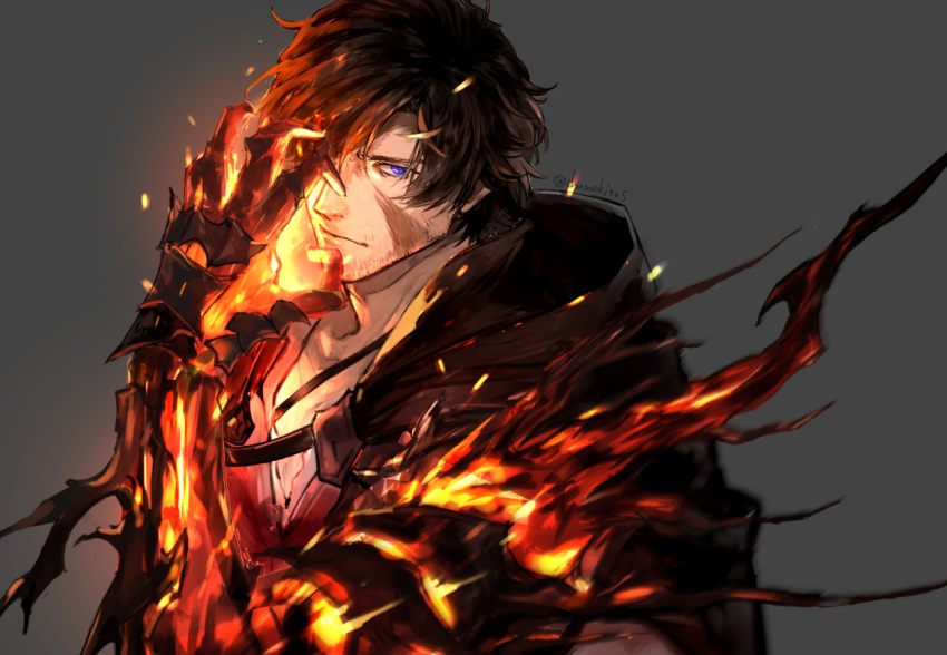 1boy, beard_stubble, black_cape, black_hair, blue_eyes, cape, chanokiens, clive_rosfield, final_fantasy, final_fantasy_xvi, fire, gloves, male_focus, red_robe, red_shirt, robe, scar, shirt, square_enix, teardrop_earring