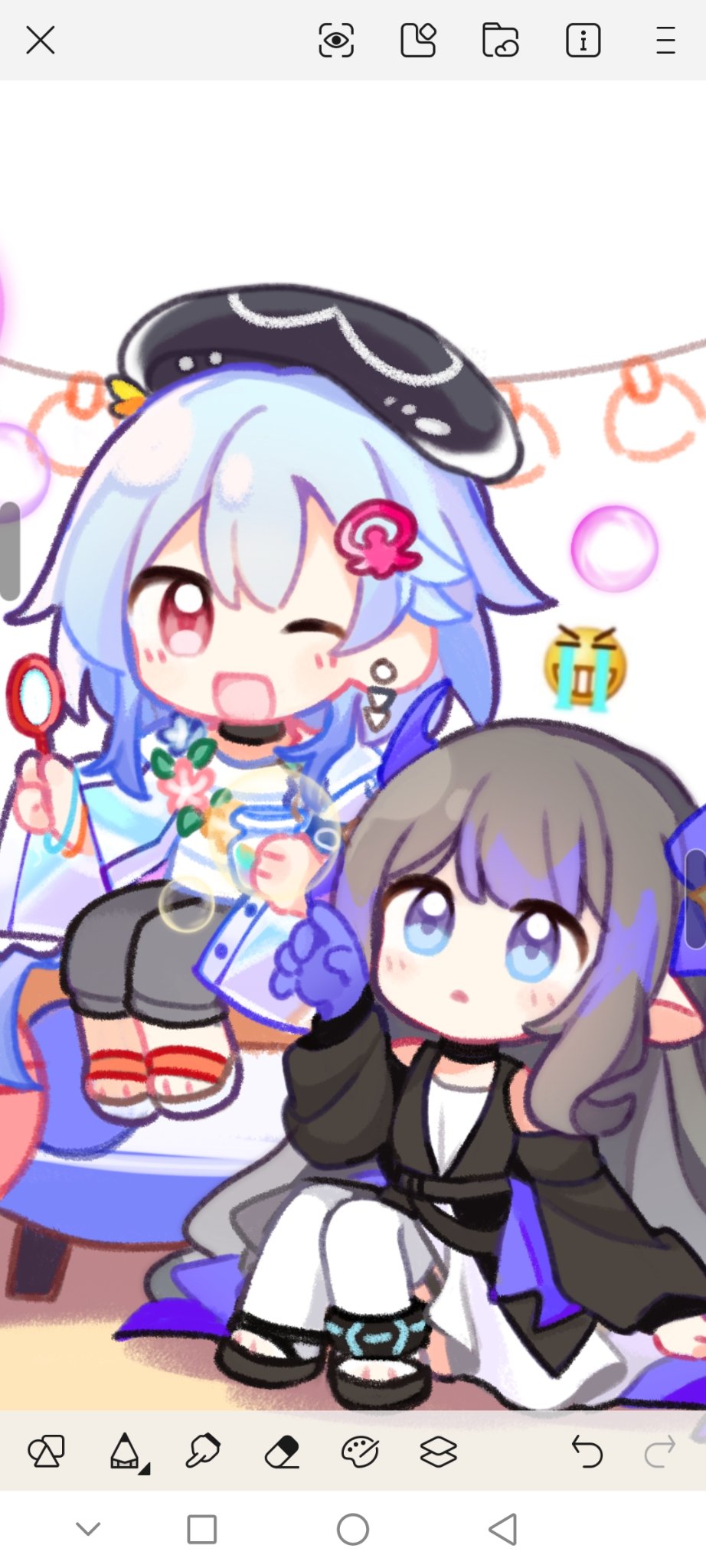 1boy, 1girl, ;d, akaruku, arknights, black_footwear, black_hair, black_jacket, blue_eyes, blue_gloves, blue_hair, bubble_wand, character_request, chibi, commentary_request, dress, emoji, gloves, gradient_hair, grey_pants, hair_between_eyes, hair_ornament, hand_up, highres, holding, horns, jacket, knees_up, long_hair, mizuki_(arknights), multicolored_hair, on_floor, one_eye_closed, pants, parted_lips, pointy_ears, purple_hair, red_eyes, sandals, shirt, simple_background, smile, thigh-highs, very_long_hair, white_background, white_dress, white_footwear, white_shirt, white_thighhighs