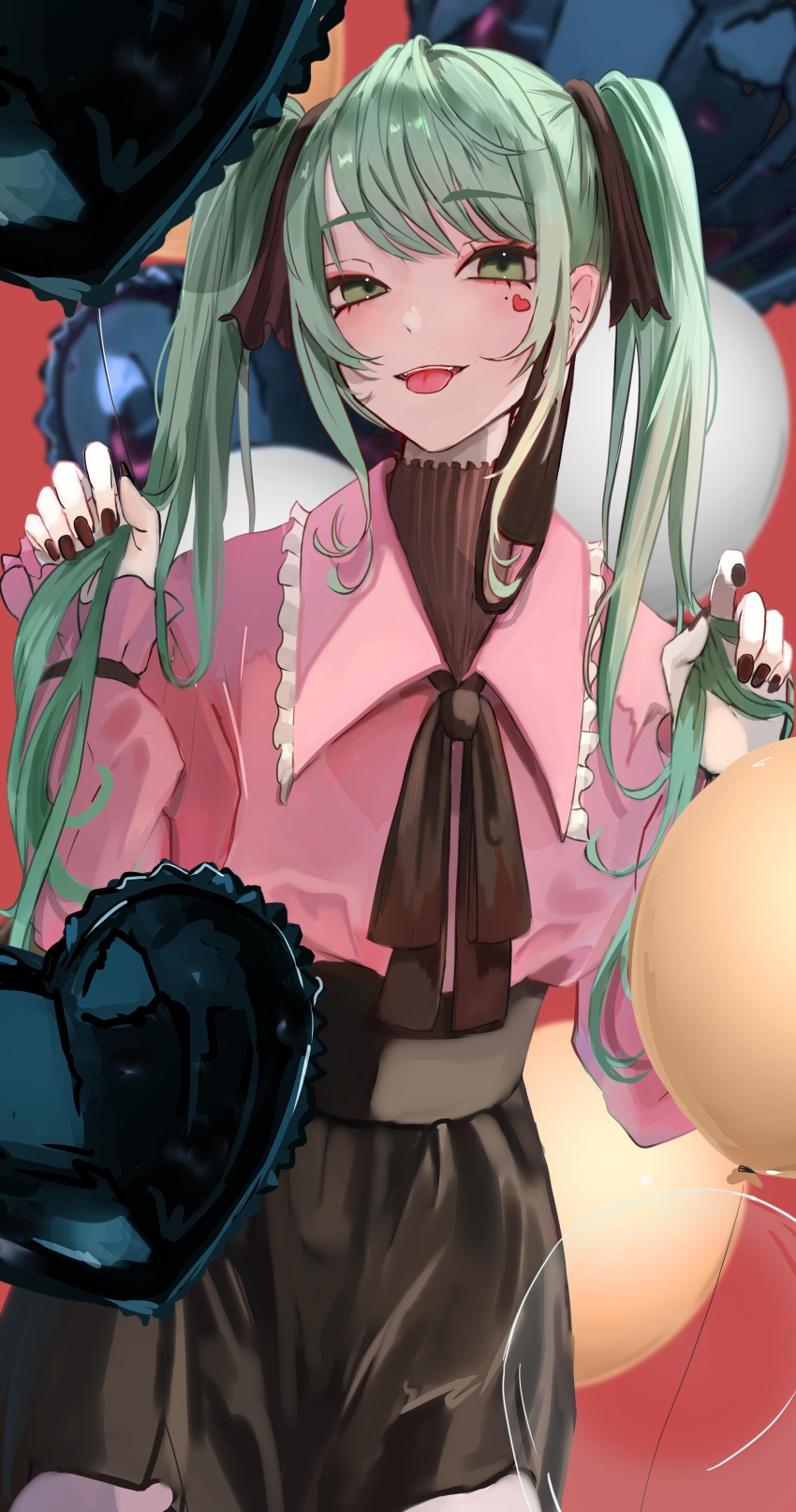 1girl, absurdres, balloon, black_nails, black_ribbon, black_skirt, blurry, collared_shirt
