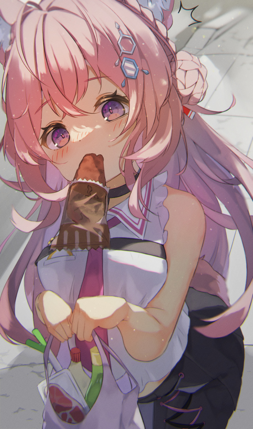 1girl, ^^^, absurdres, animal_ears, antenna_hair, bag, bare_arms, bare_shoulders