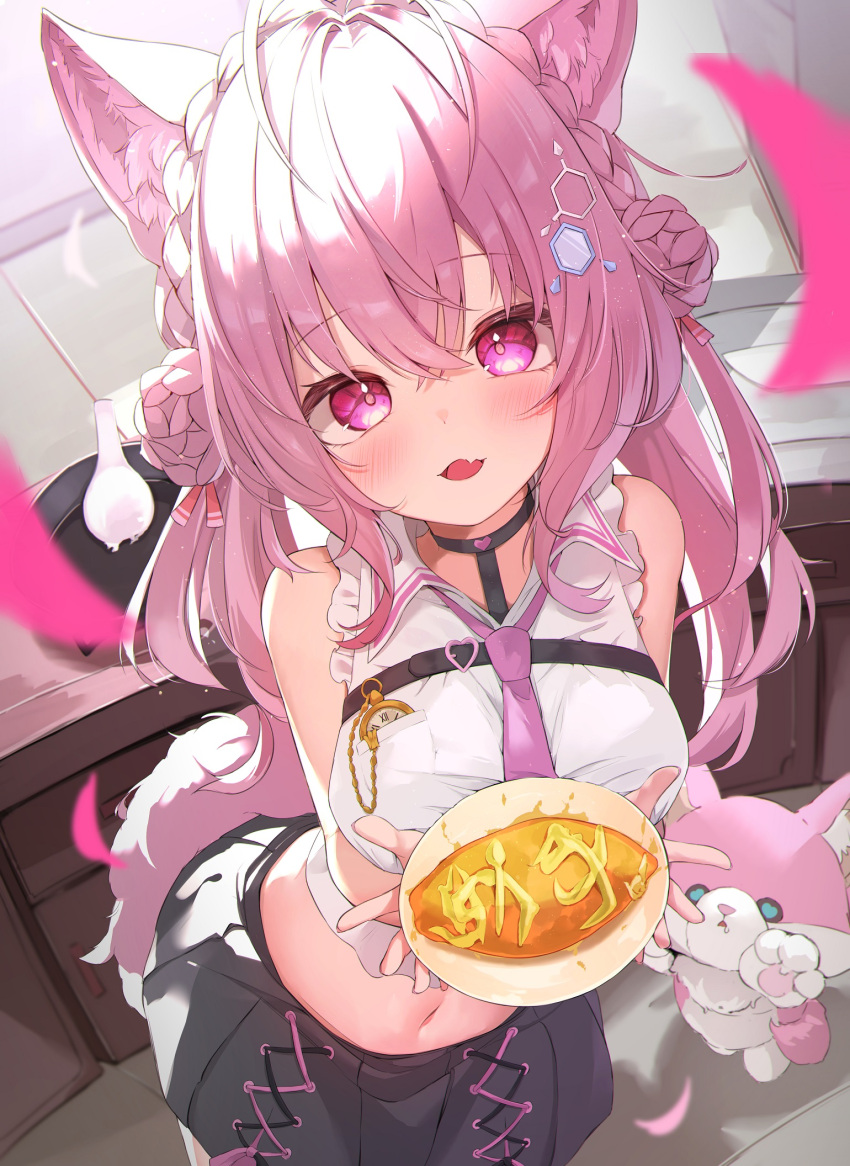 1girl, animal_ears, antenna_hair, bare_shoulders, black_choker, black_skirt, braid, braided_bun