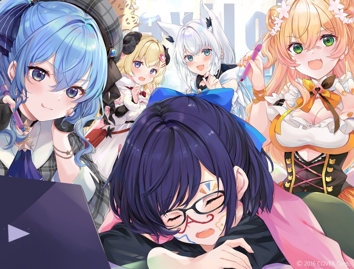 5girls, a-chan_(hololive), animal_ears, aqua_eyes, black-framed_eyewear, black_footwear, black_gloves, blonde_hair