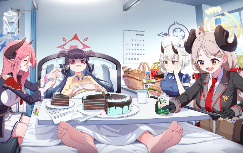 4girls, :d, ahoge, alternate_costume, bag, banana, barefoot, bed