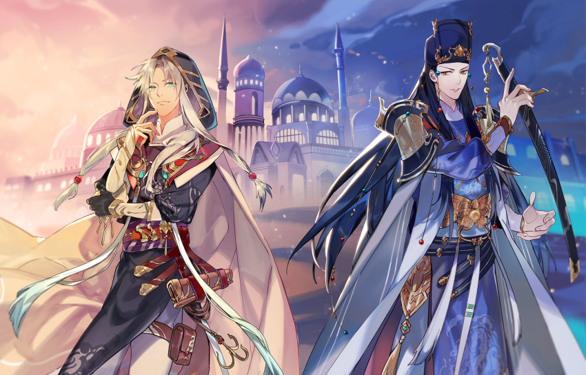 2boys, aqua_eyes, arabian_architecture, arm_guards, armor, ayu_(auko2010), belt, black_gloves, black_hair, black_headwear, black_robe, blue_robe, boneless_carp_(the_tale_of_food), cape, castle, chinese_clothes, closed_mouth, clouds, cowboy_shot, dao, desert, east_longan_pearls_(the_tale_of_food), finger_to_mouth, gloves, gold_belt, gradient_sky, grappling_hook, hair_over_shoulder, hat, highres, holding, holding_sword, holding_weapon, hood, hood_up, hooded_cape, long_hair, long_sleeves, looking_at_viewer, low_ponytail, male_focus, multiple_boys, night, pants, parted_bangs, parted_lips, pelvic_curtain, polar_opposites, purple_sash, red_belt, robe, sash, scale_print, sheath, sheathed, shoulder_armor, sideways_glance, single_glove, sky, smile, standing, sunset, sword, tassel, the_tale_of_food, thigh_pouch, v-shaped_eyebrows, weapon, white_cape, white_hair, white_pants, yellow_eyes