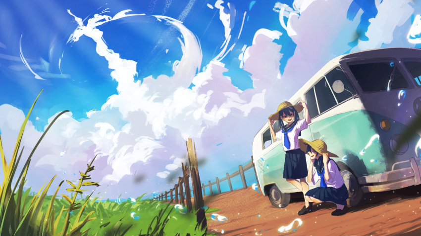 2girls, black_footwear, black_hair, blue_neckerchief, blue_sky, blurry, clouds, cloudy_sky