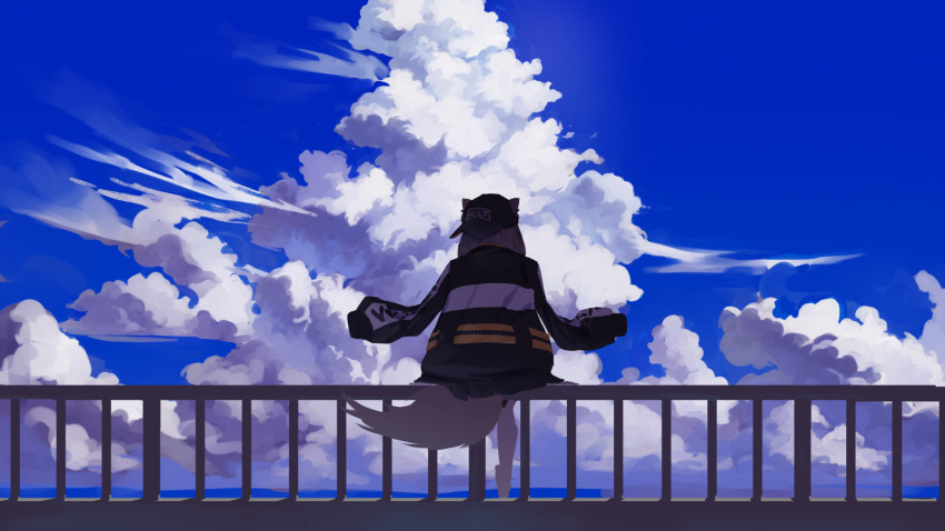1girl, baseball_cap, black_headwear, black_jacket, blue_sky, clouds, cloudy_sky, cumulonimbus_cloud