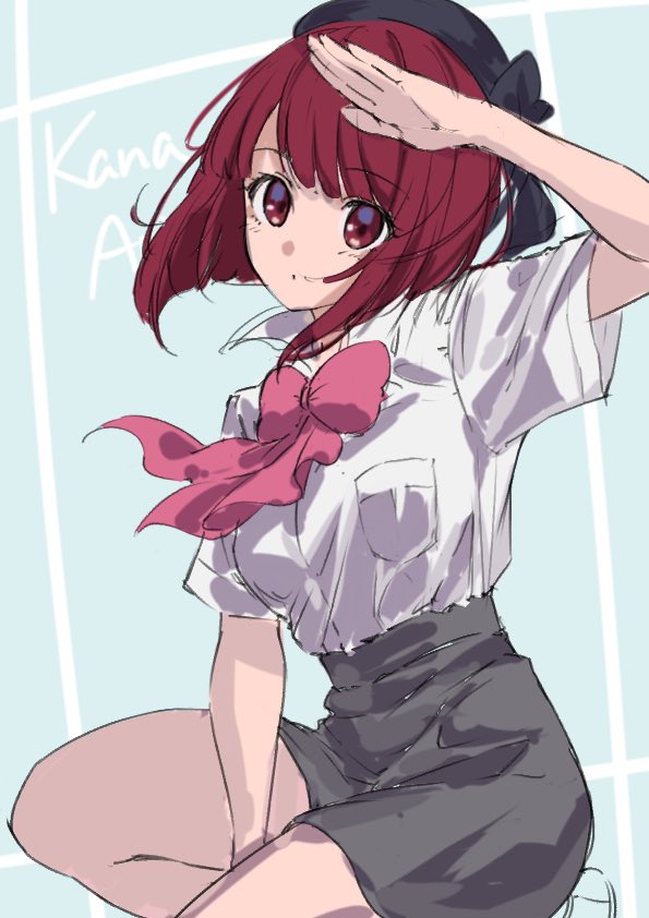 1girl, arima_kana, blue_background, bob_cut, grey_skirt, hat, hat_ribbon, ichijo_kazuya