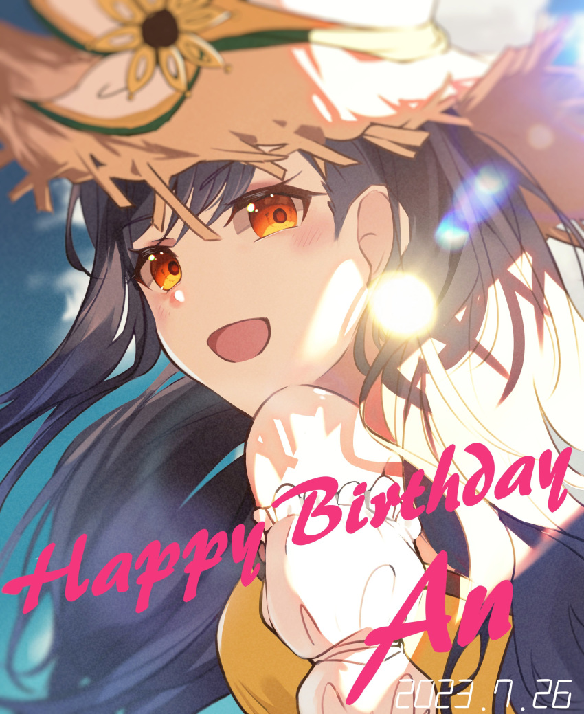 1girl, absurdres, black_hair, character_name, commentary_request, dated, flower, happy_birthday