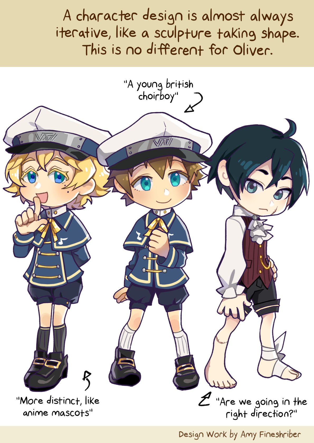 3boys, ahoge, alternate_design, arrow_(symbol), artist_name, bandaged_leg, bandages, barefoot, black_footwear, black_hair, black_shorts, black_socks, blonde_hair, blue_capelet, blue_eyes, blue_jacket, blue_shorts, brown_hair, capelet, commentary, eighth_note, english_commentary, english_text, finger_to_mouth, full_body, hat, highres, jabot, jacket, kneehighs, lawlietlk, letterboxed, long_sleeves, looking_at_viewer, male_focus, mole, multiple_boys, multiple_persona, musical_note, musical_note_print, oliver_(vocaloid), open_mouth, peaked_cap, red_vest, scar, scar_on_face, second-party_source, shirt, shorts, simple_background, smile, socks, standing, stitched_leg, stitches, vest, vocaloid, white_background, white_jabot, white_shirt