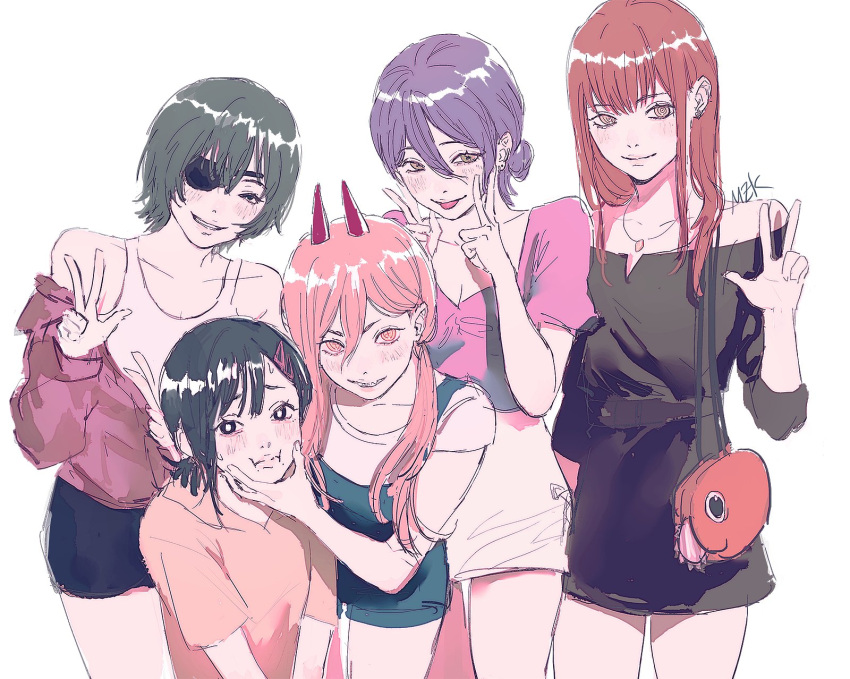 5girls, alternate_costume, alternate_hairstyle, artist_name, bag, black_dress, black_hair, black_shorts, black_tank_top, brown_hair, chainsaw_man, cross-shaped_pupils, double_v, dress, eyepatch, face_grab, face_squeeze, green_eyes, green_hair, hair_between_eyes, hair_ornament, hair_over_shoulder, hairclip, handbag, higashiyama_kobeni, highres, himeno_(chainsaw_man), horns, jewelry, long_hair, looking_at_viewer, makima_(chainsaw_man), medium_hair, multiple_girls, necklace, off-shoulder_dress, off_shoulder, parted_lips, pochita_(chainsaw_man), ponytail, power_(chainsaw_man), purple_hair, red_horns, redhead, reze_(chainsaw_man), ringed_eyes, short_hair, shorts, simple_background, smile, suspender_shorts, suspenders, symbol-shaped_pupils, tank_top, tongue, tongue_out, v, white_background, yellow_eyes, zemzk