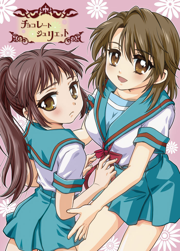 brown_hair, genderswap, hitsuji_gou, koizumi_itsuki_(female), kyonko, long_hair, school_uniform, short_hair