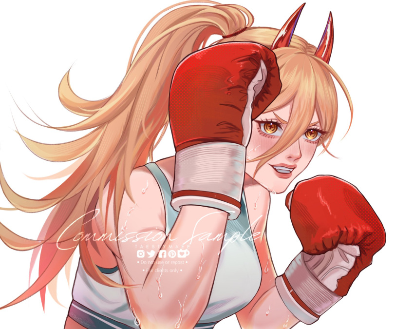 1girl, blonde_hair, boxing_gloves, chainsaw_man, cross-shaped_pupils, facebook_logo, fangs, grey_sports_bra
