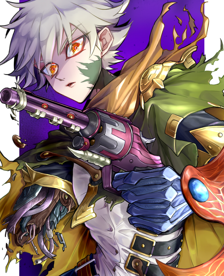 1boy, brown_scarf, cable, capelet, commentary_request, cowboy_shot, damaged, demon_wings