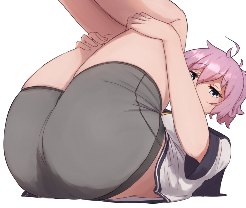 1girl, ahoge, aoba_(kancolle), ass, black_sailor_collar, green_eyes, grey_shorts, highres, ikadamo, kantai_collection, legs_up, looking_at_viewer, lying, messy_hair, pink_hair, ponytail, sailor_collar, sailor_shirt, school_uniform, serafuku, shirt, short_hair, shorts, simple_background, solo, white_background