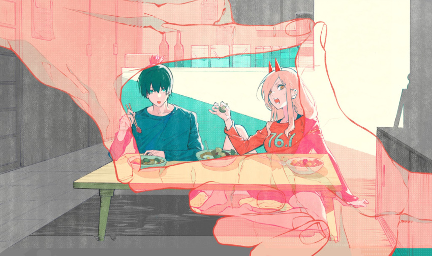 1boy, 1girl, black_hair, blonde_hair, blue_eyes, broccoli, chainsaw_man, chopsticks, cross-shaped_pupils, denji_(chainsaw_man), finger_frame, food, green_eyes, hair_over_one_eye, halftone_texture, hayakawa_aki, highres, holding, holding_chopsticks, holding_food, horns, long_hair, looking_at_viewer, open_mouth, pink_sweater, pov_finger_frame, power_(chainsaw_man), red_horns, see-through, sharp_teeth, short_hair, sitting, sweater, symbol-shaped_pupils, teeth, topknot, tuzaixia
