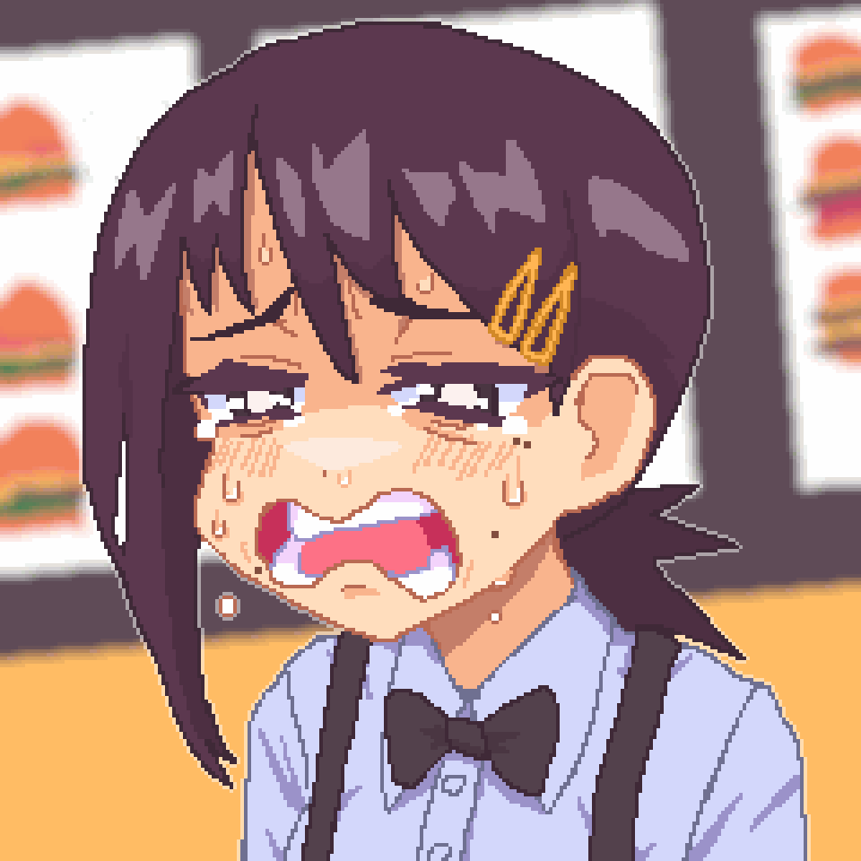 1girl, apron, black_apron, black_bow, black_bowtie, black_hair, blurry, blurry_background, bow, bowtie, burger, chainsaw_man, collared_shirt, employee_uniform, family_burger_(chainsaw_man), fast_food_uniform, food, hair_ornament, hairclip, hcnone, higashiyama_kobeni, looking_at_viewer, medium_hair, menu, mole, mole_under_eye, mole_under_mouth, open_mouth, pixel_art, sad, shirt, short_ponytail, single_sidelock, solo, swept_bangs, uniform, white_shirt