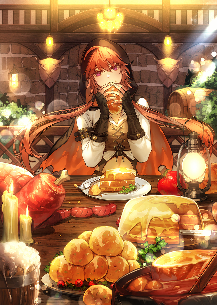1girl, ahoge, alcohol, apple, arm_belt, barrel, beer, black_gloves