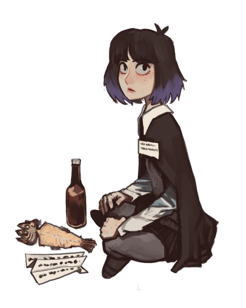 1girl, black_cape, black_eyes, black_footwear, black_hair, black_skirt, bob_cut, bottle, cape, colored_skin, freckles, highres, hilda_(series), id_card, indian_style, kaisa_(hilda), leggings, long_sleeves, looking_at_viewer, mossacannibalis, multicolored_hair, on_floor, pantyhose, paper, purple_hair, short_hair, simple_background, sitting, skirt, solo, two-tone_hair, white_background, white_skin