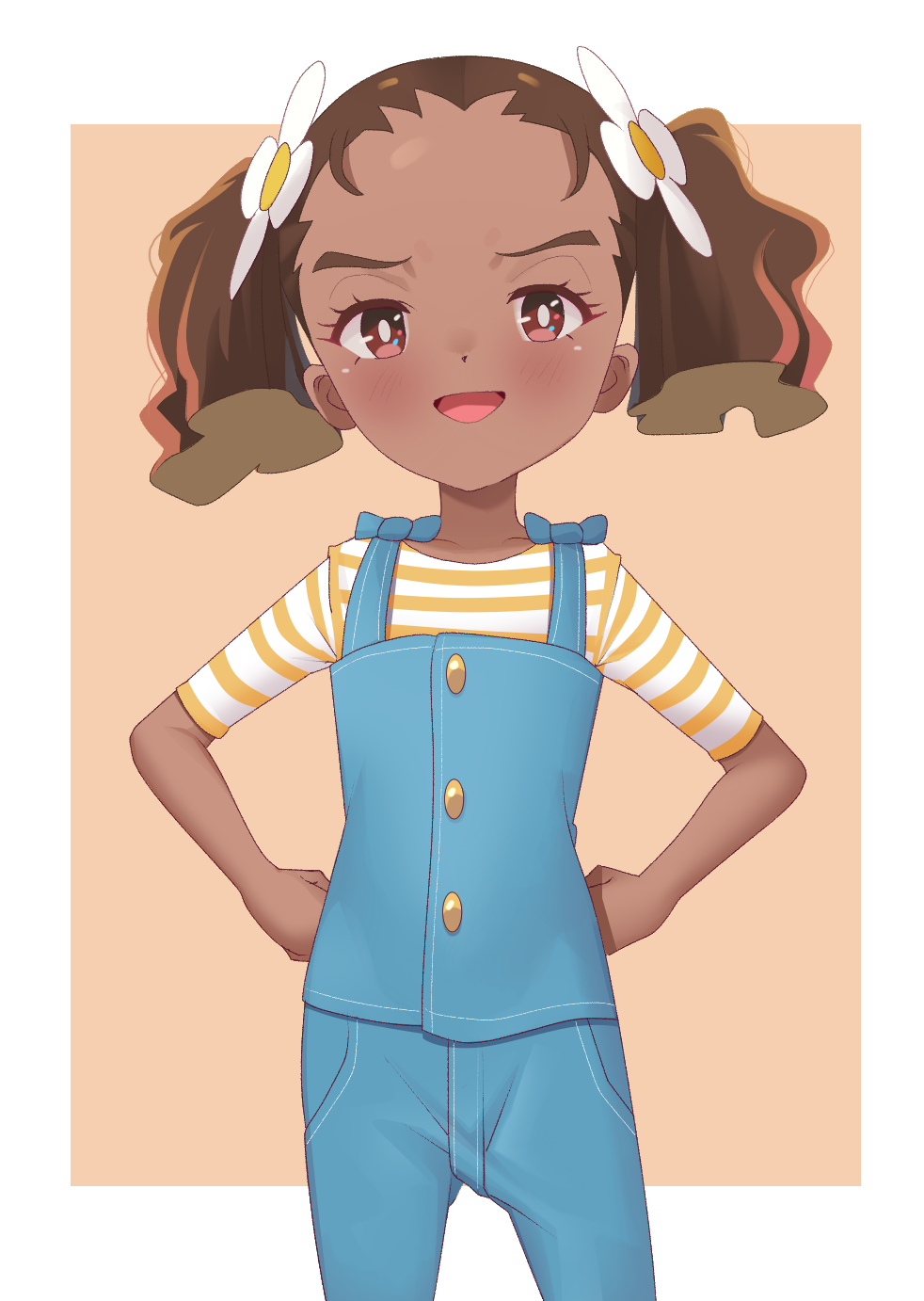 1girl, :d, blush, border, bright_pupils, brown_eyes, brown_hair, buttons, child, commentary, cowboy_shot, dark-skinned_female, dark_skin, eyelashes, female_child, flower, forehead, gazing_eye, green_pants, green_vest, hair_flower, hair_ornament, hands_on_own_hips, highres, looking_at_viewer, open_mouth, pants, pokemon, shirt, short_sleeves, smile, smug, solo, striped, striped_shirt, twintails, vest, video_game_championships, white_border, white_flower, white_pupils, yellow_shirt