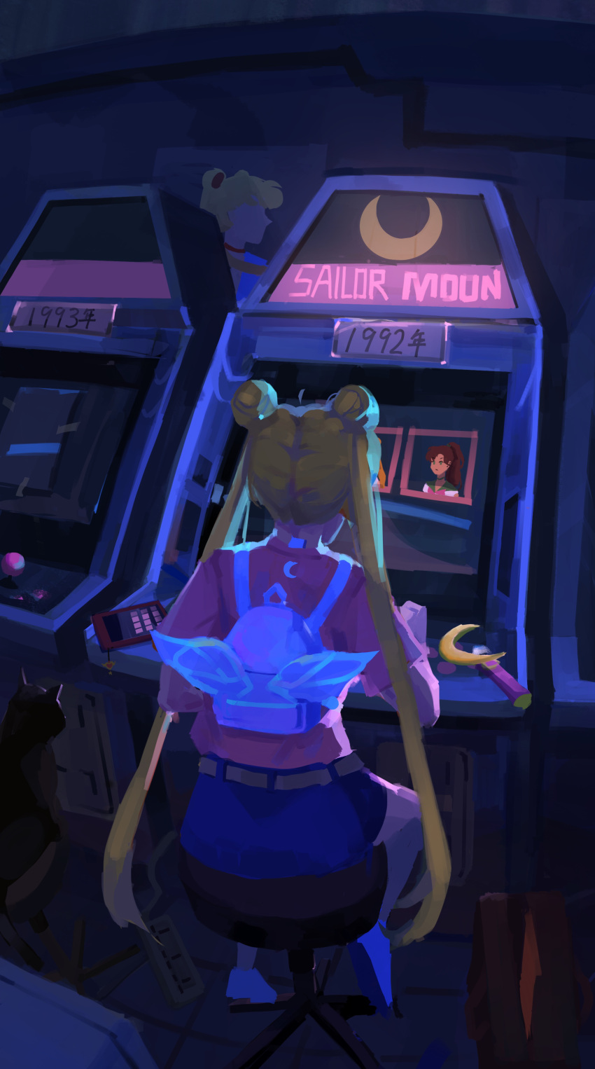 1992, 1girl, absurdres, arcade, arcade_cabinet, backpack, bag, belt