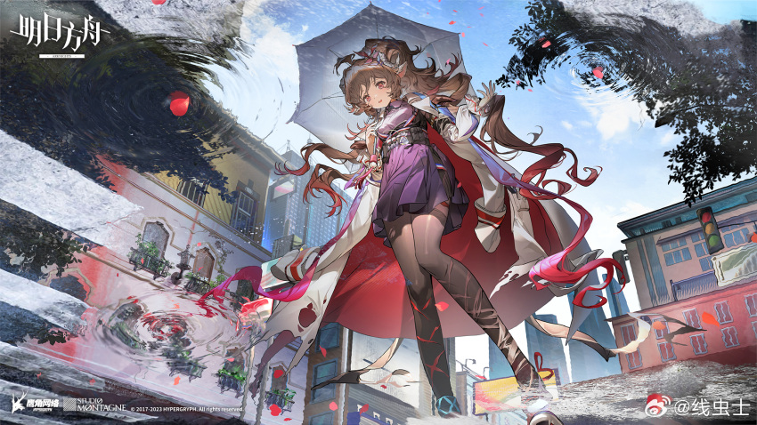 1girl, animal_ears, arknights, belt, billboard, black_belt, black_thighhighs, breasts