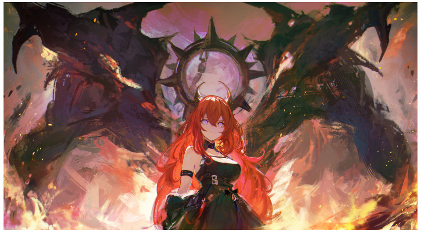 1girl, absurdres, arknights, bare_shoulders, black_dress, border, breasts, closed_mouth