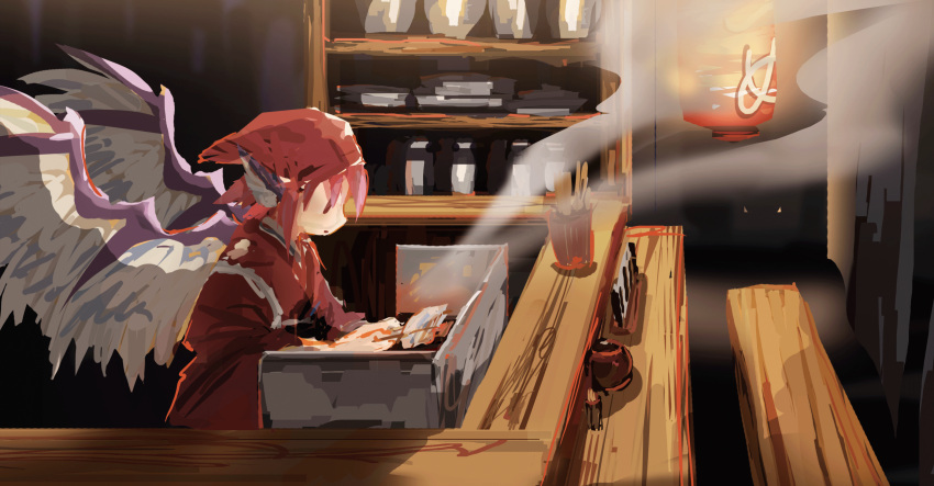 1girl, absurdres, animal_ears, bird_ears, bird_wings, brown_headwear, brown_kimono, cooking, feathered_wings, food, food_stand, grill, grilling, haruaki_(onkai_planaria), hat, head_scarf, highres, japanese_clothes, kimono, lantern, looking_down, mystia_lorelei, night, okamisty, paper_lantern, pink_hair, plate, plate_stack, short_hair, solo, steam, tasuki, tokkuri, touhou, white_wings, wings, wooden_bench, yatai