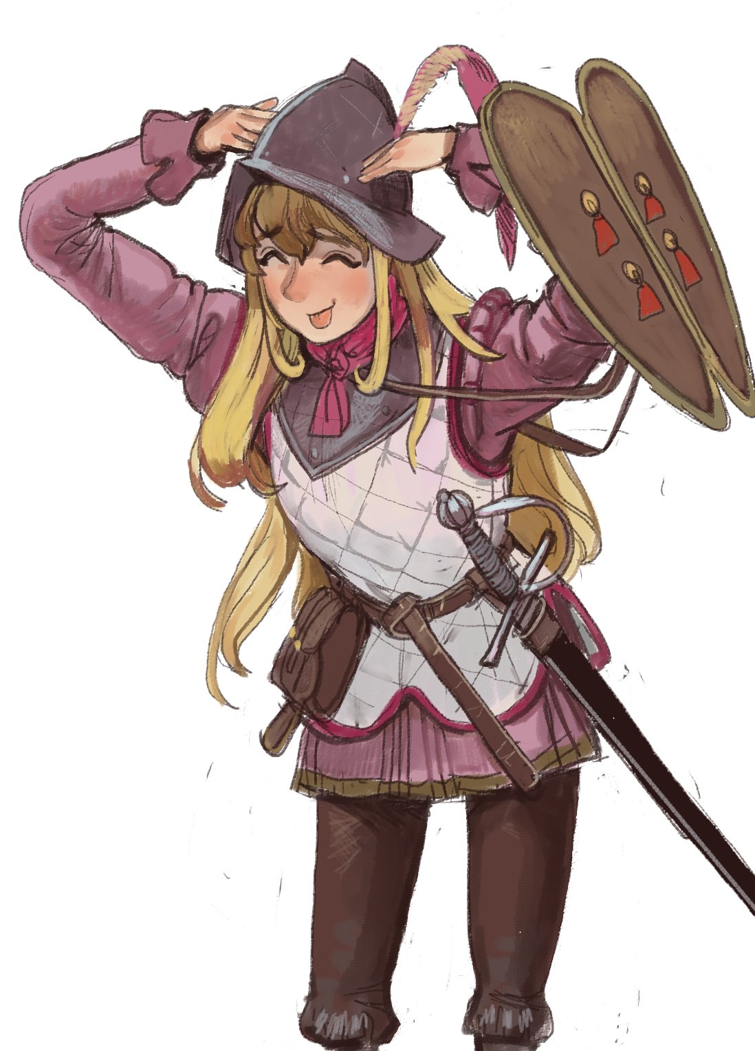 1girl, :p, ah_eto..._bleh_(meme), arm_shield, armor, belt, belt_pouch, breastplate