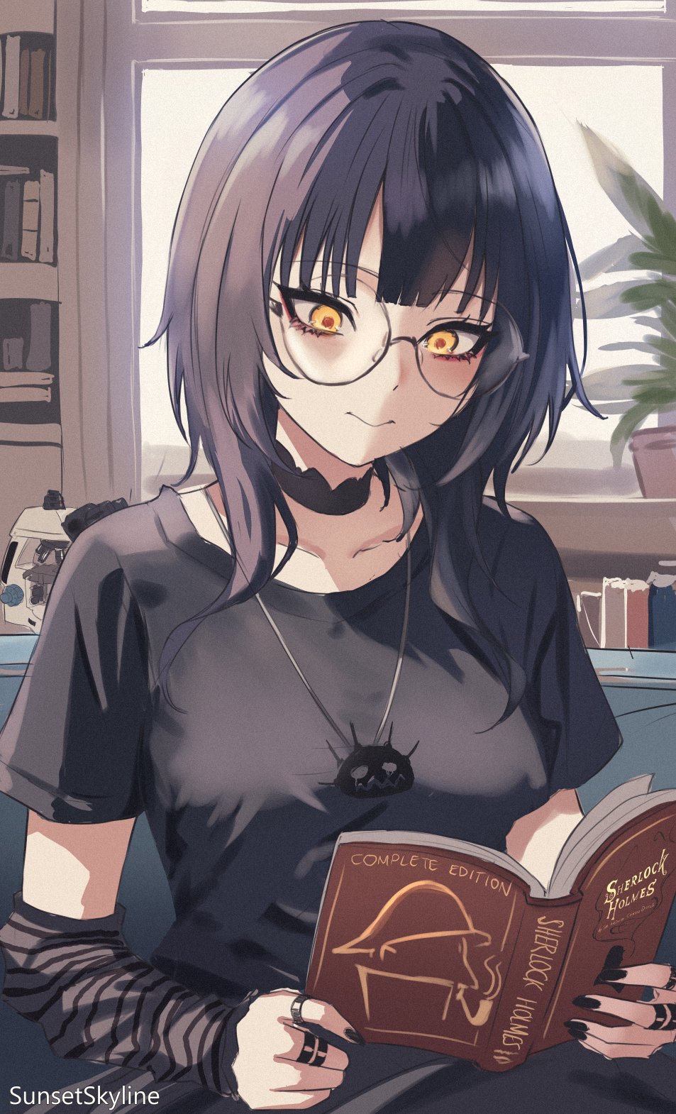 1girl, black_choker, black_hair, black_nails, black_shirt, breasts, choker, closed_mouth, collarbone, glasses, hair_ornament, highres, hololive, hololive_english, lace, lace_choker, large_breasts, long_hair, looking_at_viewer, shiori_novella, shirt, short_sleeves, smile, solo, sunset_skyline, virtual_youtuber, yellow_eyes